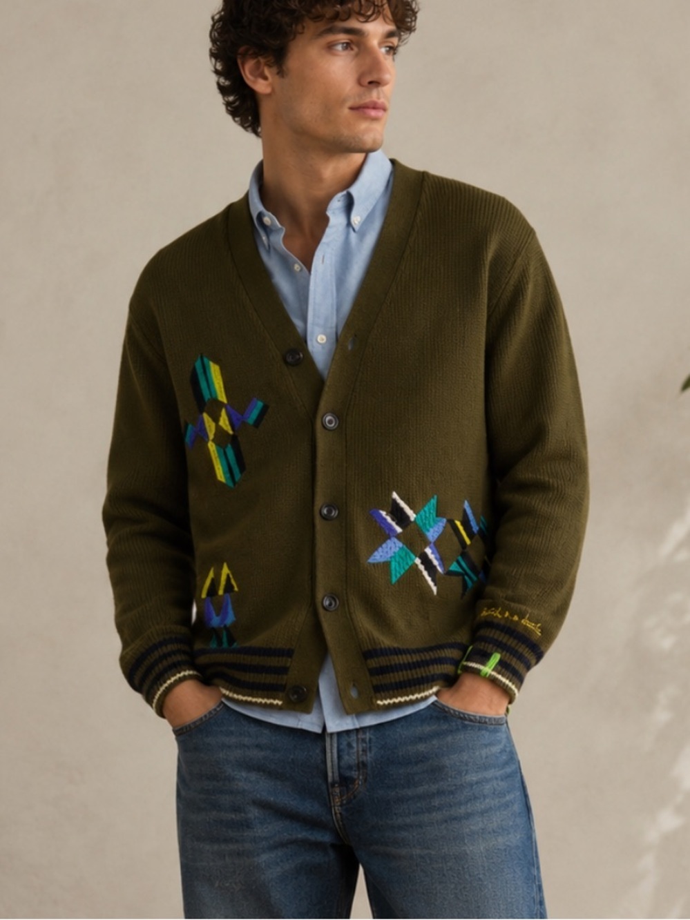 Scotch & Soda Amsterdam Embroidered Cardigan Green Wool Sweater  8278